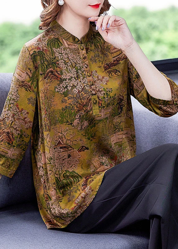 Price Drop Yellow Print Silk Shirts Tops Stand Collar Button Summer LY0433
