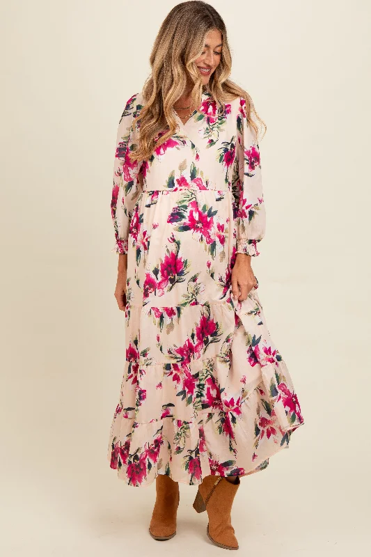 Exclusive Savings flowy evening dressPeach Floral V-Neck Tiered Maternity Midi Dress