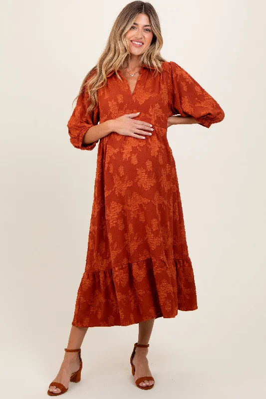 Special Savings mini dressDark Orange Floral Applique Collared Maternity Midi Dress