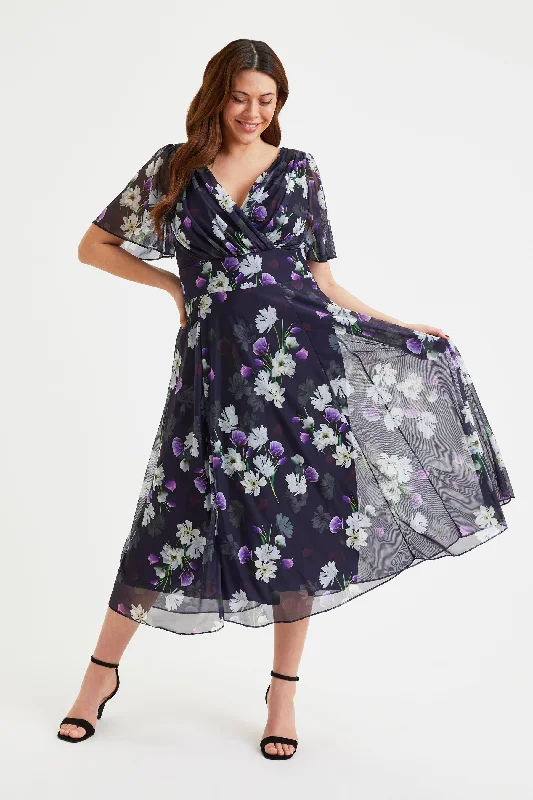 Value Deals draped dressVictoria Dark Navy Violet Angel Sleeve Mesh Long Midi Dress
