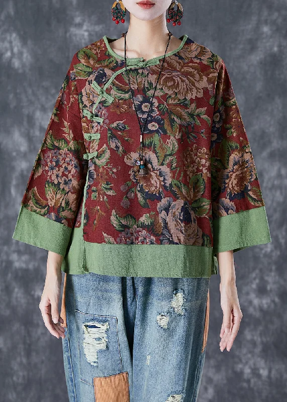 Price Reduction Vintage Red Print Patchwork Chinese Button Linen Fake Two Piece Top Summer TD1052