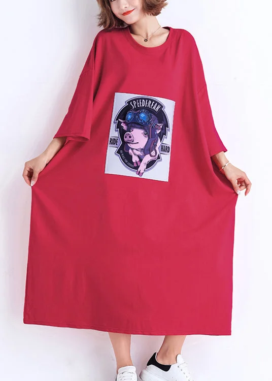 Price Drop Alert casual day dressFrench o neck half sleeve cotton Tunic Organic linen red Traveling Dresses Summer