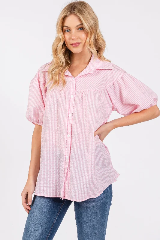 Discount Mania pleated maxi dressPink Plaid Button Down Top