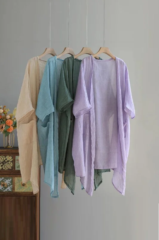 Season Finale Sale Linen thin section sunscreen tops summer female temperament simple loose medium-length cardigan