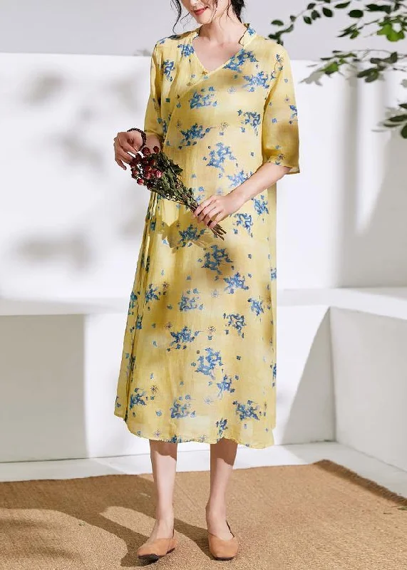 Flash Sale sleek dressHandmade v neck half sleeve linen summer dresses Shirts yellow print Dress