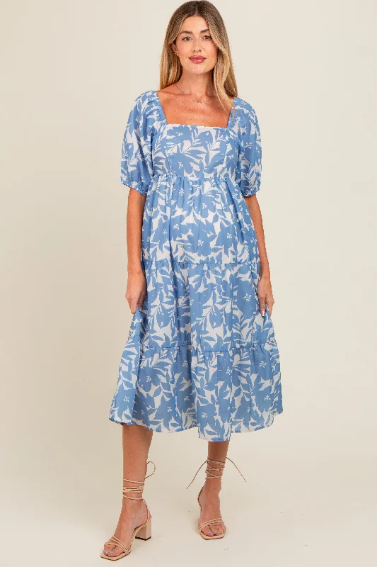 Crazy Deals textured dressBlue White Floral Maternity Midi Dress