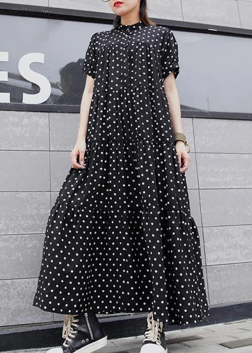 Steals and Deals elegant maxi dressElegant black dotted cotton clothes For Women stand collar Extra large hem Maxi summer Dresses