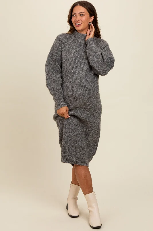 Shop and Save cocktail dressCharcoal Mock Neck Bubble Sleeve Maternity Midi Sweater Dress