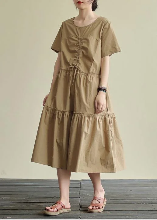 Get It Before It’s Gone comfy dressLoose khaki cotton Tunics o neck drawstring Traveling summer Dress