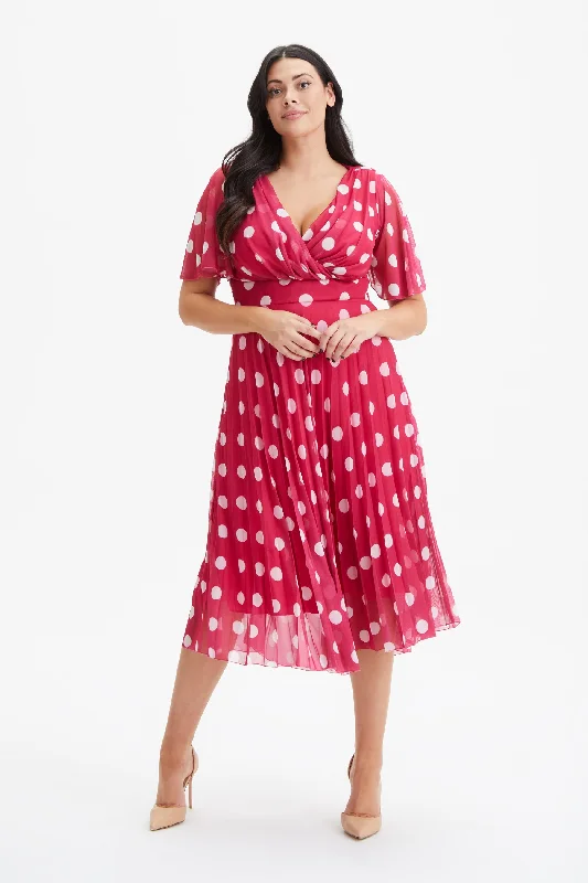 Mega Sale sophisticated dressCarole Pink Ivory Wrap Bodice Sunray Pleated Skirt Midi Dress