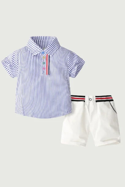 Weekend Flash Sale Children gentleman summer clothes striped short sleeve tops + white shorts 2 pcs clothing sets for kids baby boys party suits
