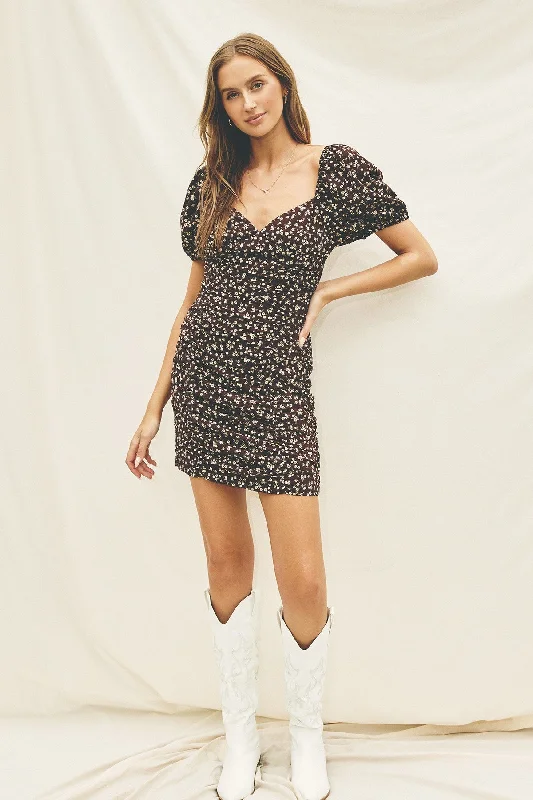 Special Discount fitted cocktail dressBrown Floral Puff Sleeve Ruched Mini Dress