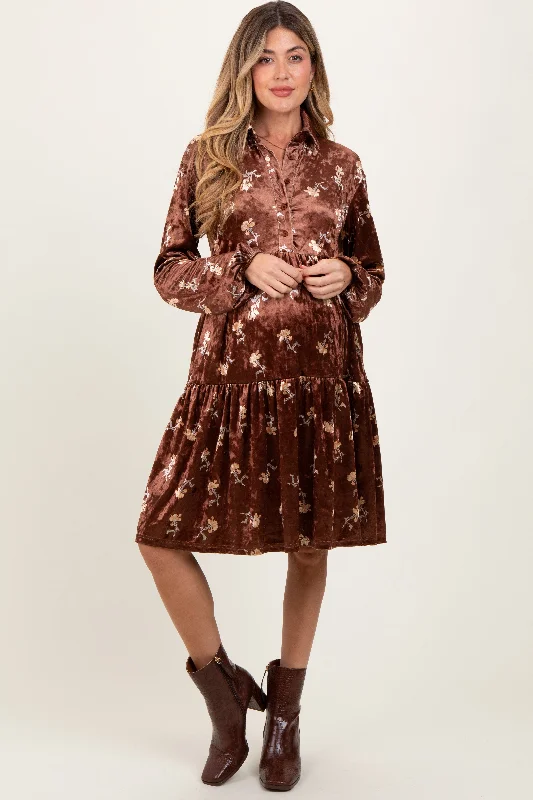 Great Bargains chic wrap dressBrown Floral Velvet Button Down Maternity Midi Dress