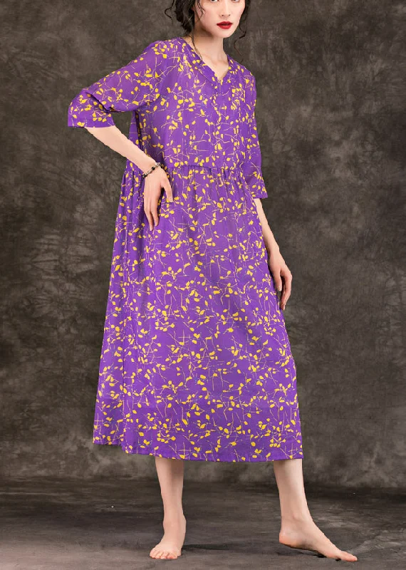 While Supplies Last shift dressLoose purple print linen Robes stylish Tops v neck patchwork loose Summer Dress