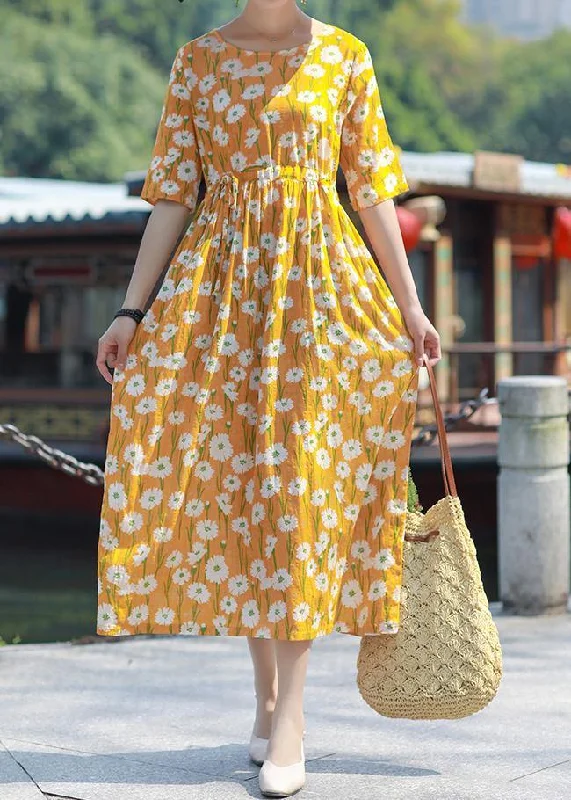 Closeout Sale t-shirt dressHandmade o neck drawstring cotton yellow print Maxi Dress summer