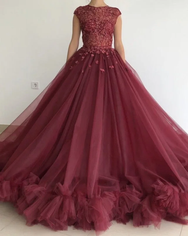 YEAR-End Clearance Ball Gown Ruffles Prom Dreses Sheer Lace Embroidery Top