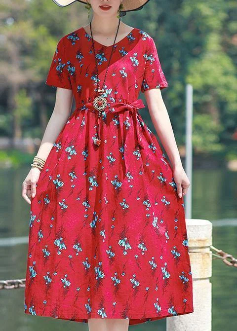 Today's Special boho dressModern v neck tie waist linen cotton clothes Work red print Dress summer