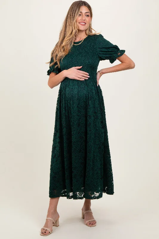 Stock Up and Save vintage dressForest Green Lace Smocked Short Sleeve Maternity Midi Dress
