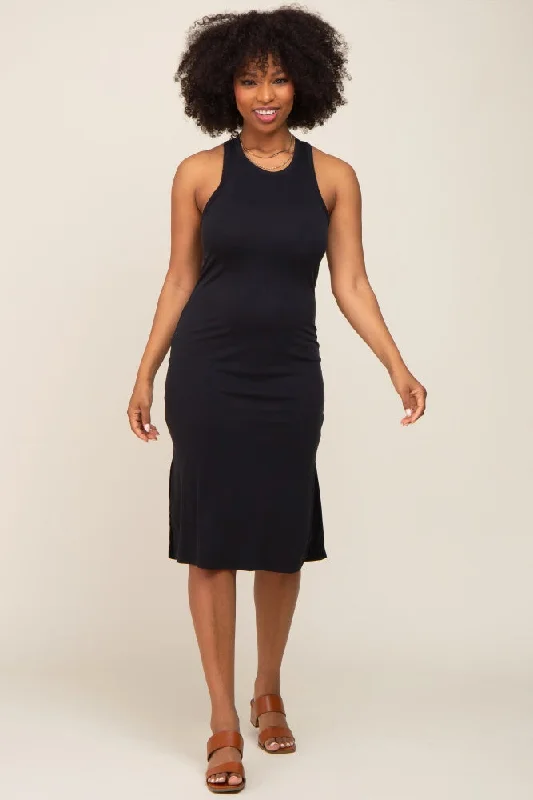 Great Bargains bodycon dressBlack Ribbed Side Slit Midi Dress