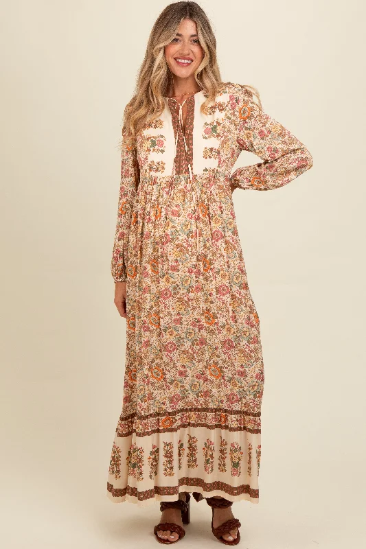 Exclusive Savings trendy dressCream Floral Border Print Maternity Maxi Dress