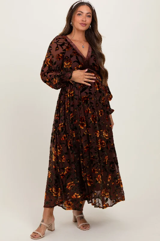 Big Savings comfy maxi dressYellow Rose Print Velvet Mesh Overlay Maternity Maxi Dress