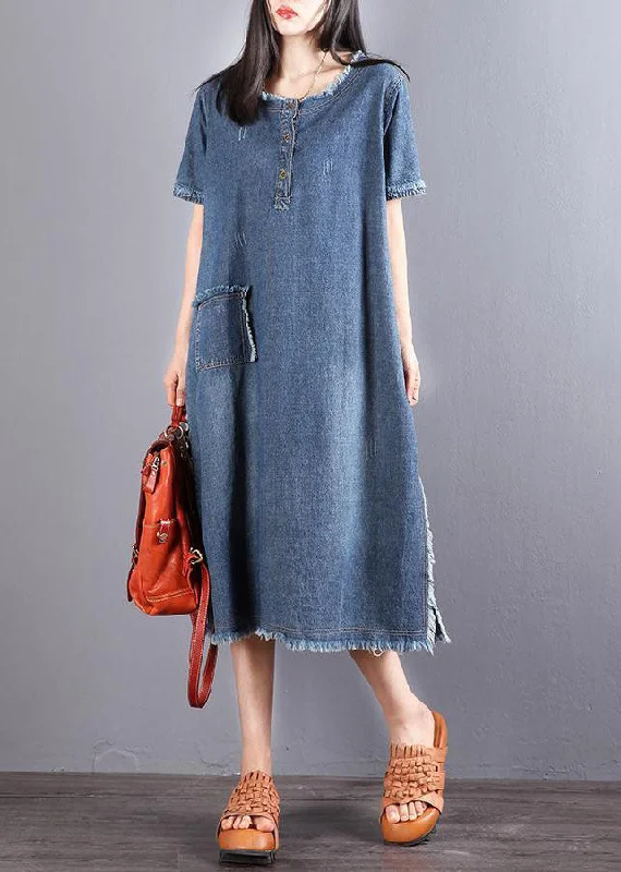 Steals and Deals satin dressStyle Blue O-Neck Tassel Pocket Side Open Cotton Vacation Denim Dresses Short Sleeve