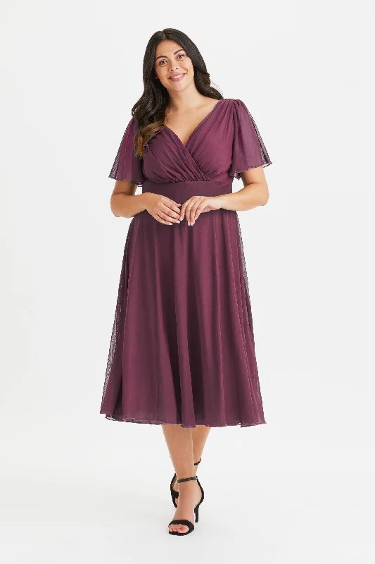 Super Deal floral dressVictoria Wine Angel Sleeve Mesh Midi Dress