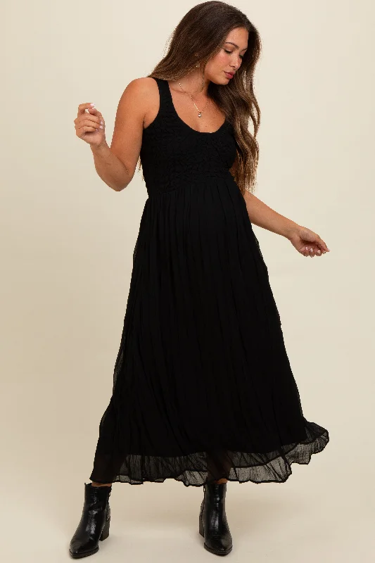 Limited Quantity t-shirt dressBlack Textured Smocked Bodice Sleeveless Maternity Maxi Dress