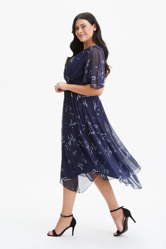 Instant Discount long-sleeve floral dressJulie Navy Wheat Hanky Hem Dress