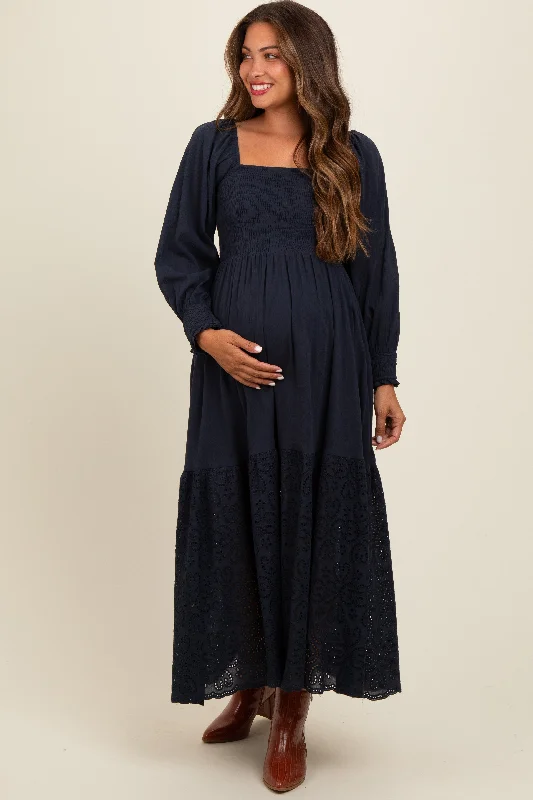 Closeout comfy dressNavy Blue Smocked Eyelet Lace Hem Maternity Maxi Dress