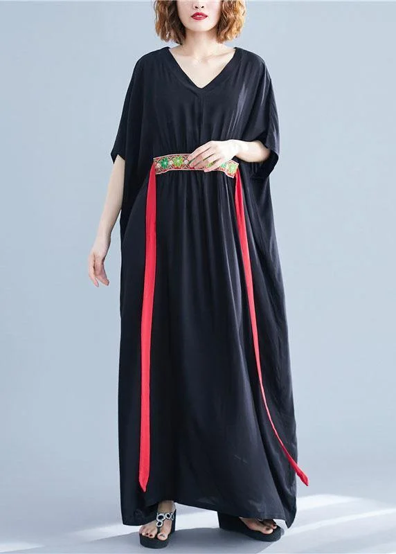 Special Promotion wrap-around dressDIY tie waist cotton tunic dressNeckline black v neck Maxi Dresses summer