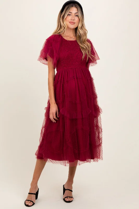 Weekend Flash Sale formal dressBurgundy Smocked Ruffled Mesh Maternity Midi Dress