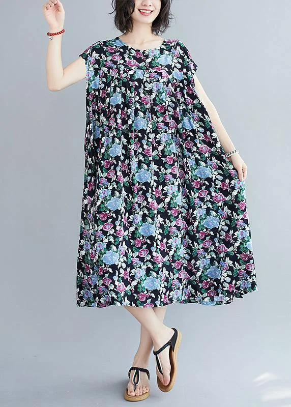 Hot Deal lace-up dressBeautiful o neck pockets summer quilting clothes Inspiration blue print long Dresses