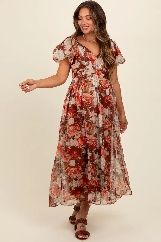 Reduced Prices vintage dressRust Floral Puff Sleeve Maternity Maxi Dress