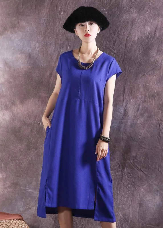 One-DAY Sale relaxed fit dressBohemian blue Cotton Tunic asymmetric hem Plus Size summer Dresses
