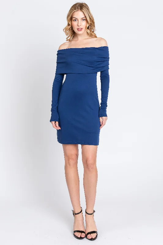Today Only off-the-shoulder dressNavy Blue Foldover Off Shoulder Long Sleeve Dress