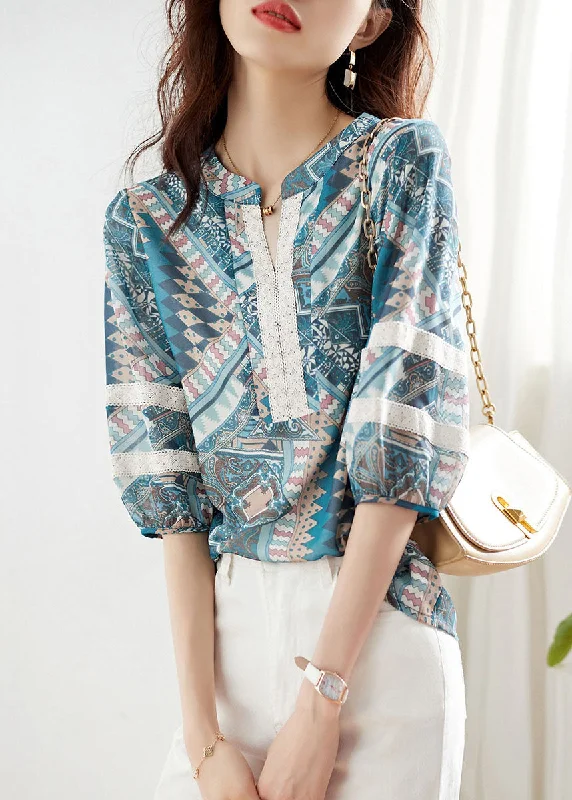 Unmissable Offer Elegant Blue V Neck Print Lace Patchwork Chiffon Shirt Top Summer TQ1018