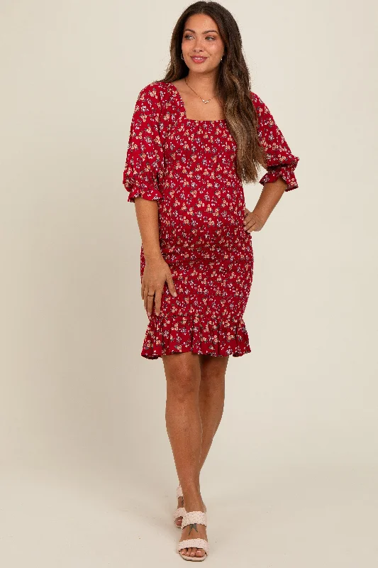 One-DAY Sale flowy dressRed Floral Smocked Fitted Maternity Dress