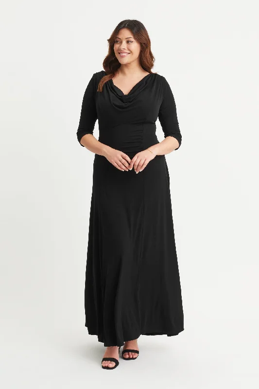 Low Prices casual shift dressBlack Cowl Neck Maxi Gown with Ruched Bustle Back