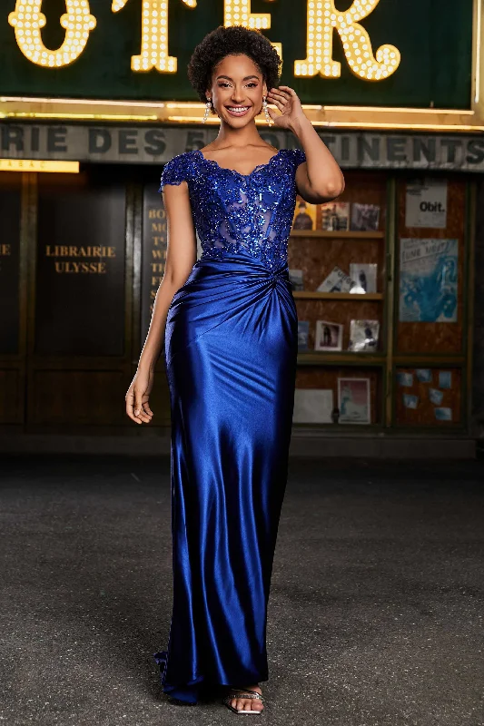 Super Deal Beaded Top Cap Sleeves Mermaid Gown
