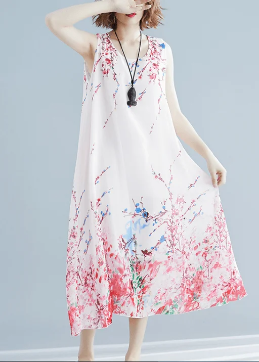 Last Chance pleated dressFrench O Neck Sleeveless Tunic Red Print Maxi Dresses