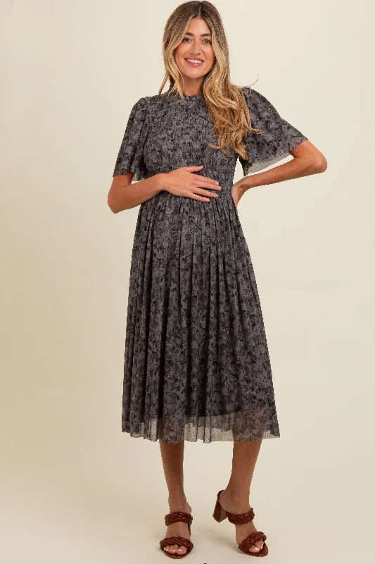 Year-End Clearance bodycon dressGrey Floral Smocked Maternity Midi Dress