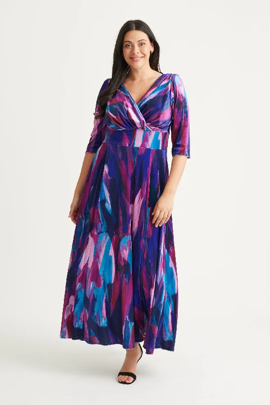 Buy More, Save More ashionable dressVerity Velvet Indigo Magenta Print Maxi Gown