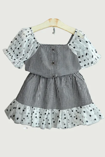 Seasonal Clearance Girls Suit Summer Wave Dot Puff Sleeve Stitching Plaid Top T-shirt + Lace Skirt