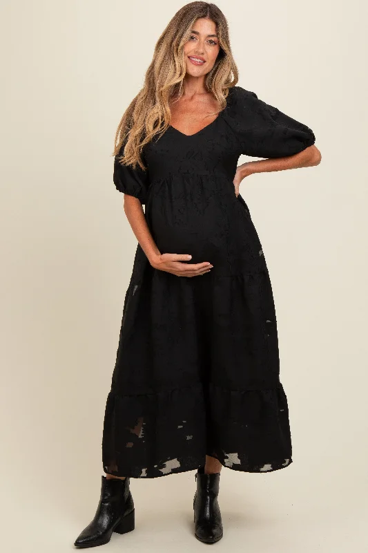 Best Seller v-neck dressBlack Floral Textured Tiered Midi Maternity Dress