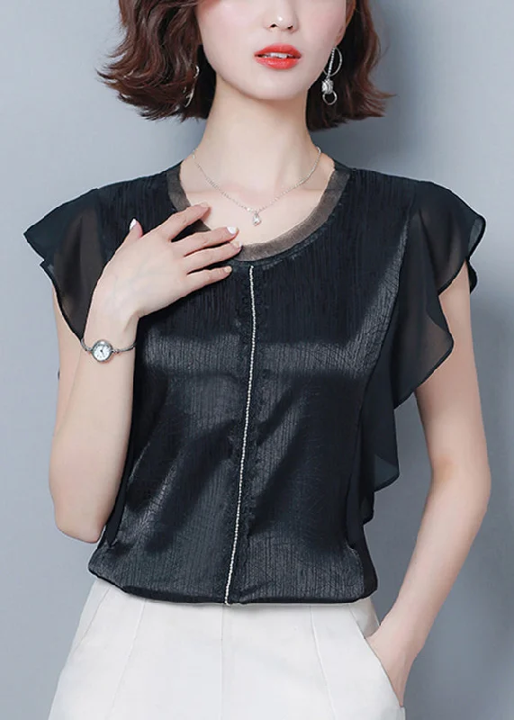 Bonus Savings French Black O-Neck Patchwork Ruffles Silk Blouse Top Summer LY0462