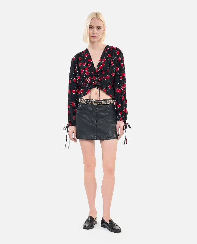 Today’s Deal Cherry Printed Cropped Top With Ruffles | Women | Black x Red