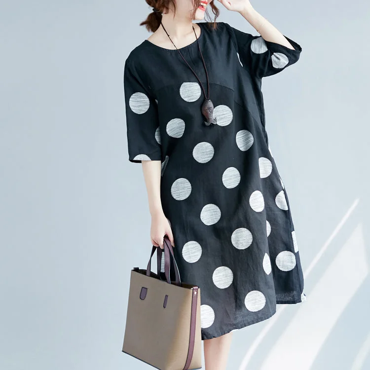 Clearance Items A-line dressNew black dotted cotton linen dresses plus size clothing O neck pockets cotton linen clothing dress 2018 half sleeve patchwork maxi dresses