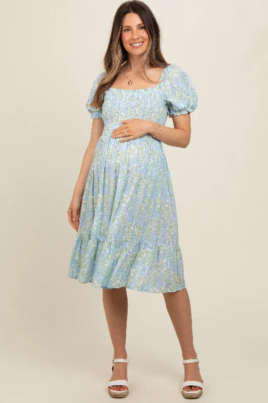 Best Bargains elegant maxi dressLight Blue Floral Puff Sleeve Smocked Chest Maternity Dress