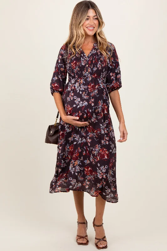 Fantastic Offers cocktail party dressBrown Floral Smocked Button Down Maternity Midi Dress